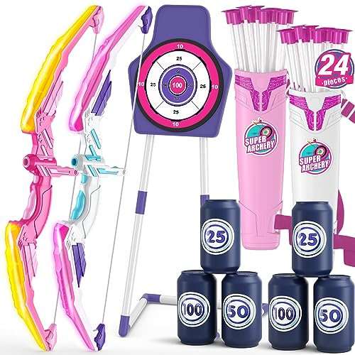 HYES 2 Pack Pfeil und Bogen Spielzeug für Kinder Bogenschießen Set mit 2 Bogen, 24 Saugnapfpfeile, 2 Stehend Ziel, 2 Pfeilhalter & 6 Score Ziele, Indoor Outdoor Spielzeug Geschenk für Jungen Mädchen