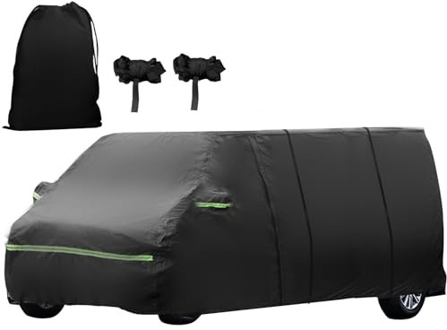 Vollgarage für VIW T5 T6, mit Plüsch gefüttert, Kratzfeste Lackierung, 420D wasserdicht, große Autoabdeckung, mit 2 x 7 m einzelnen, winddichten Schnallenriemen und Kordelzug-Organizer und seitlichem