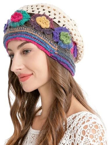 ZLYC Damen Sommer Strickmützen Handgemacht Häkelmütze Slouch Beanie Mütze(Bunte Blume Beige),Einheitsgröße