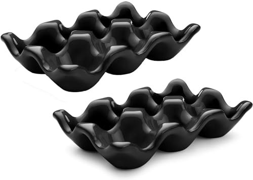 KLUFO Huevera - Bandeja de cerámica para Huevos con Capacidad para 6 Huevos, Media docena de hueveras para Nevera, Expositor de mostrador - Vajilla Decorativa Negra, Juego de 2 Piezas