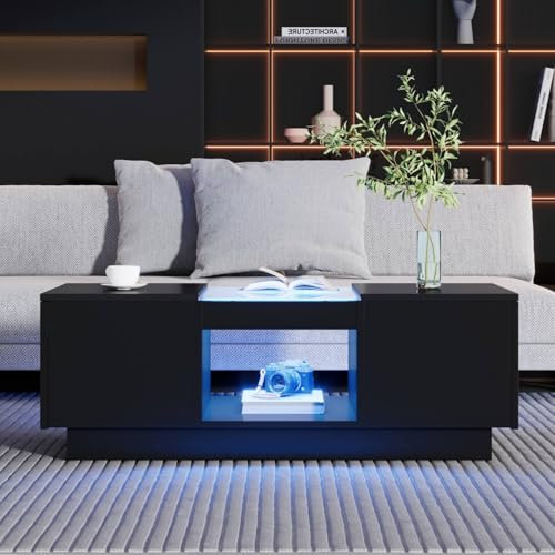 KOMHTOM Table Basse Moderne Noire à Haute Brillance Petite Table Basse avec LED Table d'appoint Table de Salon avec Plateau en Verre (Noir)