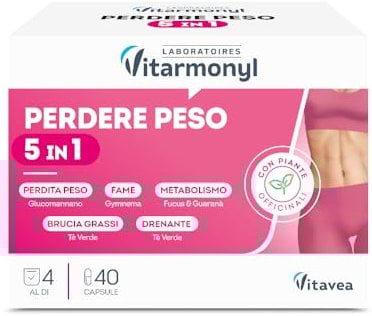 Perdere Peso 5 in 1 - Controllo della Linea - Brucia Grassi - Drenante Forte - Per il Metabolismo e Peso Forma - Con Glucomannano, Guaranà e Tè Verde - Confezione 40 Capsule - Vitarmonyl