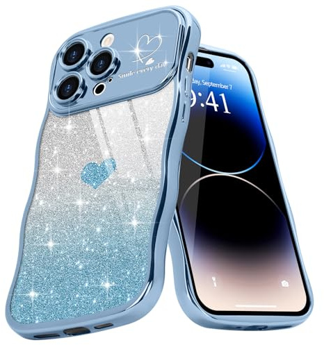 Teageo Cute Heart Pattern Curly Phone Case for iPhone 14 Pro, Wave Frame Glitter Case for Girls Women Aesthetic Bling Cover Shockproof Soft TPU Bumper for iPhone 14 Pro, Blue