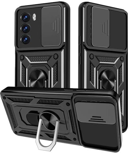 Custodia OPPO Reno 12 Pro 5G Antiurto Scorrevole con Protezione Fotocamera e 360° Rotante Anello Supporto TPU+PC - Nero