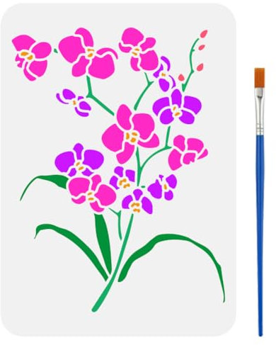 FINGERINSPIRE Orchideen Schablone Mit Pinsel 21x29.7cm Orchideenblatt Große Schablone Blühende Orchideen Malschablone Pflanzenmotiv Florale Zeichenschablone Für Wandfliesen Boden Papier Möbel