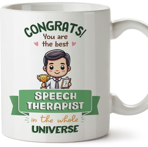 MUGFFINS Speech Therapist Man Mug - in English - Best in Universe Trophy - Funny Gift for Colleagues - Ceramic 11oz Mug