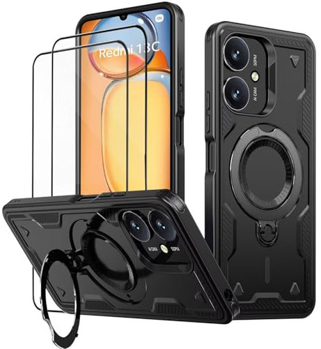KANSi Coque pour Xiaomi Redmi 13C / Poco C65 avec Verre Trempé*2, Militaire Etui Antichoc Housse avec Téléphone avec Anneau et Support - Coques Noir