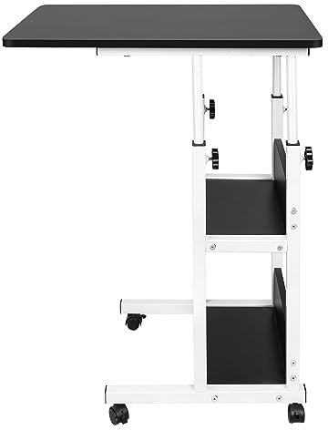 HUOLE Mesita de Noche Plegable, Estructura de Acero de Mesa móvil con Ruedas, Adecuada para salón, Dormitorio, balcón Mesa médica con Ruedas para Cama Ajustable en Altura, 60 * 40 * 76-86,5 cm-Negro