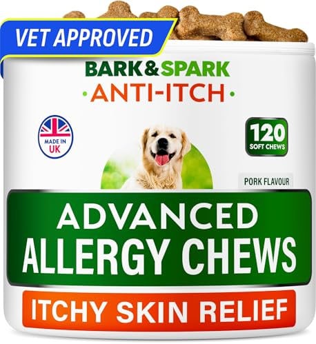 BARK&SPARK Dog Allergy Support Chews - Anti-Itch Skin & Coat Supplement - Omega 3 Fish Oil -Itching&Paw Licking - Dry Skin & Hot Spots - 120ct - Pork