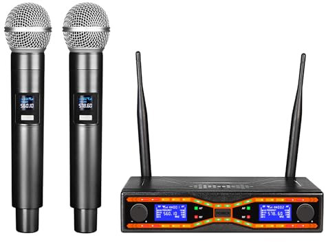 Depusheng MXR42 Wireless Microphone System,2 Dual Channel Professional Cardioid Dynamic Handheld Microphone Mic System Karaoke,for Singing, Karaoke, Church, DJ