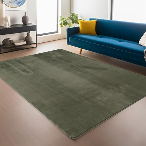 Jimri Flauschiger Teppich Läufer - Hochwertige Kurzflor Teppich für Zuhause, Büro, Küche, Eingang, Flur, Wohnzimmer - Maschinenwaschbar - Rutschfester Teppich Waschbar - 240x340 cm - Grün