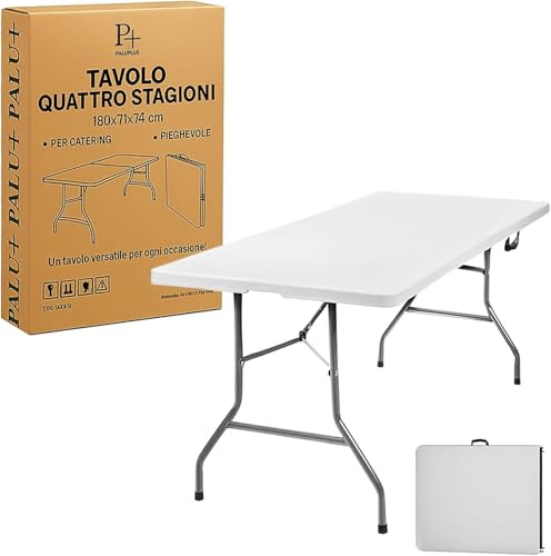 PALUPLUS Tavolo Catering Rettangolare a Valigetta Bianco, Misura 180x71x74 cm, Tavolo Pieghevole in Resina e Metallo con maniglia per il trasporto, per giardino, fiera, pic nic, campeggio -344F