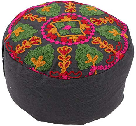 GURU SHOP Besticktes Meditationskissen mit Dinkelfüllung, Yoga Kissen, Yogakissen, Sitzkissen, Bodenkissen, Dekokissen - Schwarz, Baumwolle, 15x29x29 cm