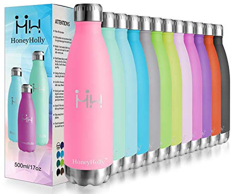 HoneyHolly Trinkflasche Edelstahl, Thermosflasche 500ml, BPA-frei Auslaufsichere Vakuum Isolierte, Thermoskanne 0,5l, Doppelwandige Isolierflasche für Fahrrad, Reisen, Sport, Yoga, Camping, Fahrrad