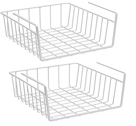 Sylon 2 x Hanging Basket Organiser, Hanging Under Shelf Storage Basket for Kitchen Cupboards, Cabinets, Shelves, Low Furniture (White)