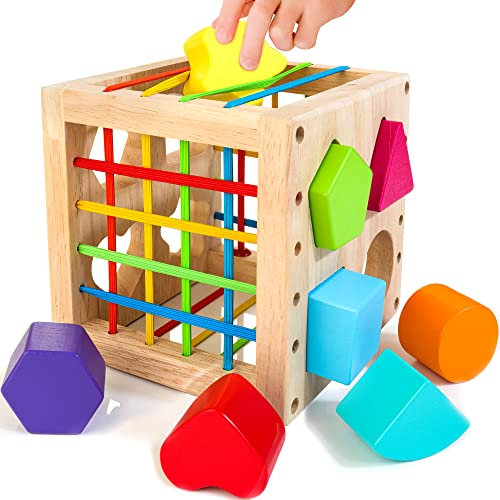 HELLOWOOD Sortierspiel Montessori Steckwürfel ab 1 Jahr, Lernspielzeug Motorikwürfel mit 8 Steckbausteinen, Holzspielzeug für Kinder ab 1 2 3 Jahre