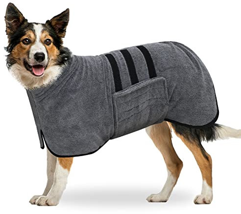 BASVII Hundebademantel aus Mikrofaser, Bademantel Hund Extra SaugfäHig und Schnell Trocknendes mit Klettverschluss und Verstellbarem Schrumpfband, für Große Mittel und Kleine Hunde