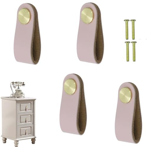 Lot de 4 poignées de tiroir et boutons de porte d'armoire modernes en cuir souple pour meubles, armoires, commodes, poignées décoratives avec vis (rose)