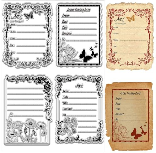 CRASPIRE ATC Frames Timbro in Gomma Trasparente Farfalla Vintage Artista Che Scambia Fiori Guarnizioni in Silicone Trasparente Timbro per Creazione di Biglietti per Journaling Fai da Te Scrapbooking