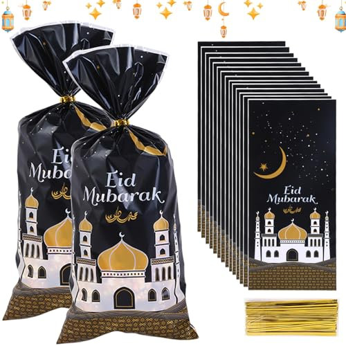 100 Stück Eid Mubarak Partytüten Geschenktüten, Geschenktaschen zu Ramadan, Cellophantüten Eid Mubarak, Plätzchentüten Ramadan Geschenktüten mit 100 Twist Krawatten Klein für Kekse Bonbons Geschenk