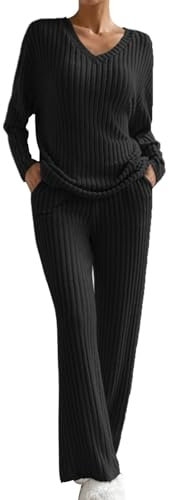 Generisch 2-teiliger Strickanzug für Damen, einfarbiger Hosenanzug, Strickset für Damen, langärmliges Oberteil und lange Hose, zweiteiliges Lounge-Set für Damen, Schwarz-2, XXL