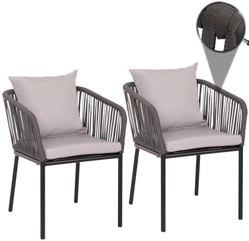 Mendler 2er-Set Gartenstuhl HWC-N41, Outdoor Armlehne, wetterfest Aluminium Seilgeflecht Rope - anthrazit Kissen grau