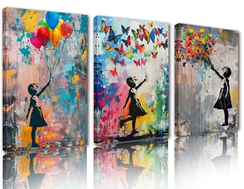 Tucocoo Wohnzimmer-Wanddekoration, Banksy, kleines Mädchen, Graffiti-Ballon, Schmetterling, Blumengemälde, Leinwand, Pop-Straßen-Wandkunst, abstraktes Kunstwerk, Heimdekoration, gerahmt, fertig zum