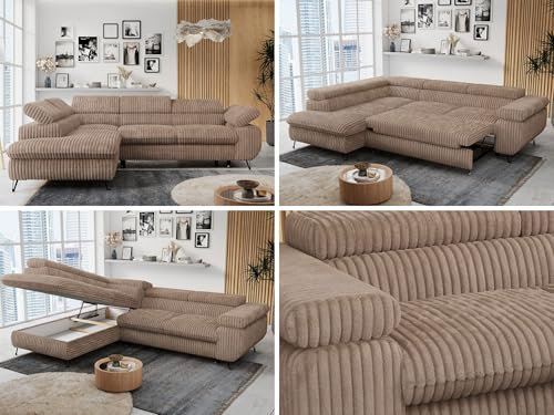 MKS MEBLE Ecksofa Cord - L-Form Wohnlandschaft mit Schlaffunktion und Bettkasten, Schlafsofa mit Bettkasten, Sofa mit Einstellbare Kopfstützen, Peter L - Links Braun