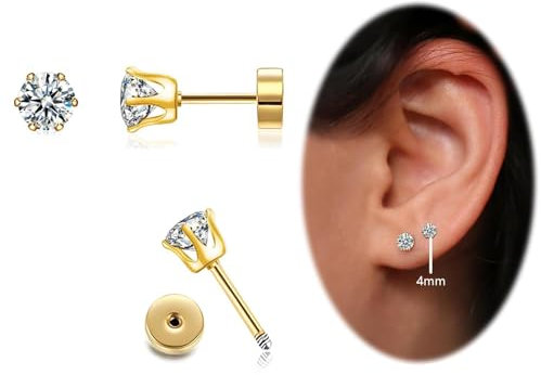 CZ Stud Earrings 14K Gold Stud Earrings,Flat Back Cubic Zirconia Earrings for Helix Cartilage Earlobe Piercing Jewelry | Cartilage Earring | Helix Piercing Jewelry (4MM, GOLD)