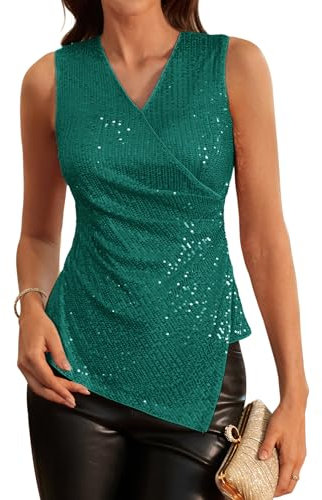 GRACE KARIN Glitzer Oberteile Damen Grün Pailletten Bluse Damen Ärmellos Tunika Damen Festlich M Grün-9