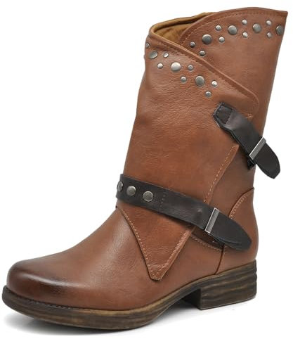 IF Fashion Scarpe Da Donna Stivali Stivaletti Biker Fibbie Anfibi Al Polpaccio Largo Con Borchie 647-2 Marrone N.36