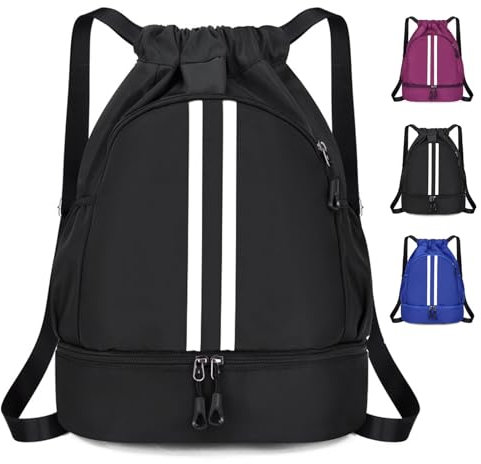 Yomaido Sporttasche,Turnbeutel Große Kapazität,Sportrucksack Wasserdichter Verstellbarer,Kordelzug Rucksack mit Mehreren Fächern,für Herren Damen Kinder Jungen (Schwarz)