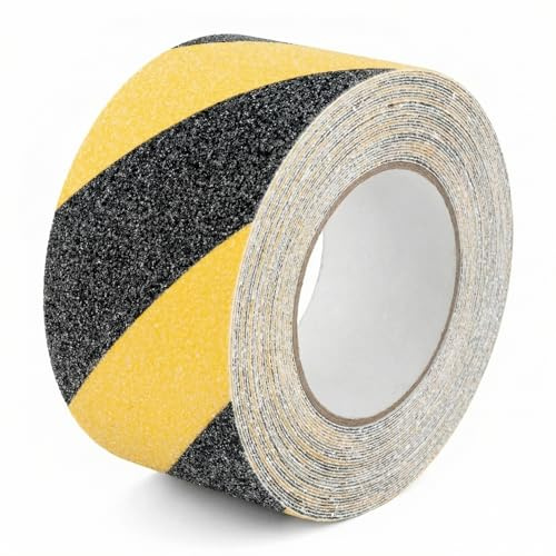 QWORK® Nastro antiscivolo nero e giallo, nastro adesivo antiscivolo, 100 mm x 10 m, per gradini per scale interne ed esterne