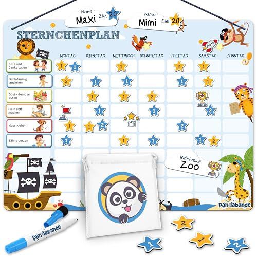 PANDABANDE® Belohnungstafel Kinder [100 Aufgaben, 200 Sterne, 3 Farben, 1-2 Spieler] - Montessori Sternchenplan - Ideales Belohnungssystem, Aufgabenplaner, Belohnung Kind