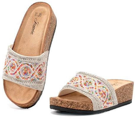 JOMIX Mules Femmes Compensés été Claquettes Femme Sandales avec Perles Tongs Confortables pour Piscine Plage Mer (Blanc, 38)