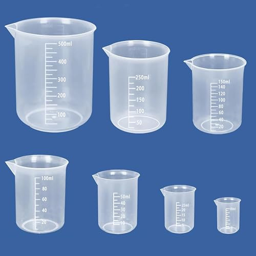 Juego de 7 vasos de plástico graduados y vasos de precipitados de plástico, 10 ml, 25 ml, 50 ml, 100 ml, 150 ml, 250 ml, 500 ml, ideal para bricolaje y laboratorio de ciencias