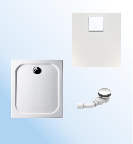 KOMPLETT-PAKET: Duschwanne superflach 2,5cm weiß Acryl + Wannenträger + Ablaufgarnitur chrom DN 90 / Gesamthöhe ca. 14cm; verschiedene Größen/Deutscher Hersteller (weiß, 90 x 80 cm)