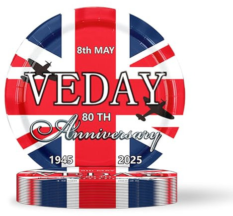 16Pcs VE Day 80th Anniversary Decorations Party Plates, 9inch VE-Day Party Tableware Paper Plates, 80 Years VictoryIn Europe plate for Celebrate VE-Day 80 Years WWII Victory Commemorative Table Decor