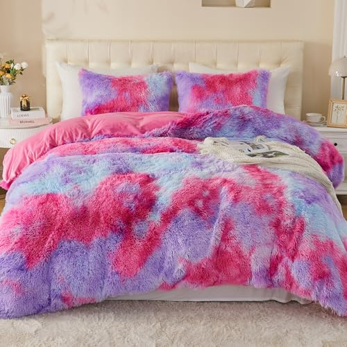 EMME Plüsch Bettwäsche Set 200x200cm, Regenbogen-Rosa Lila | Biber Flauschige Bettdecke Set für Bett Shaggy und Plüsch weiche Bettwäsche Bettbezüge und 2 Kissenbezug 80x80cm