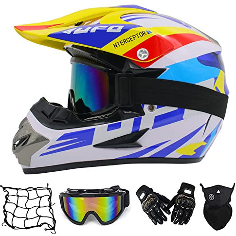 Motorradhelm, Motorrad Crosshelm, Motocross Helm mit Brille (5 Stück) - Weiß und Blau - Off Road Helm Fullface MTB Schutzhelm für Herren Damen Sicherheit Schutz,L