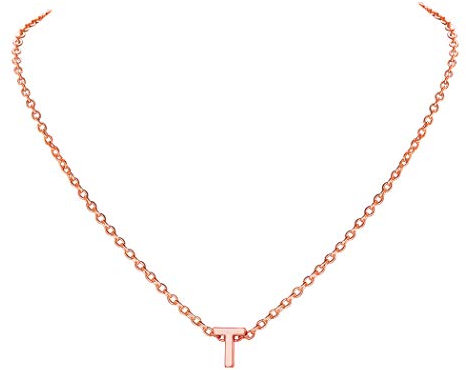 Suplight Damen Initialen Kette Roségold vergoldet 3D Buchstabe Anhänger T mit Rolokette 40+5cm 2mm Simpel Schlüsselbein Halskette Accessoire für Abendkleidung tolles Geschenk
