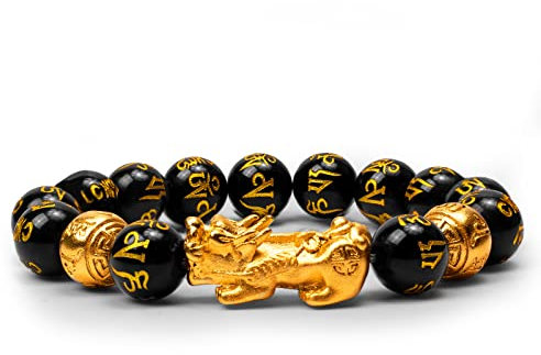 Katomi schwarzes Feng Shui Perlenarmband chinesisches Pi Xiu Armband Obsidian Reichtum Armband mit handgeschnitztem Amulett für Glück Reichtum