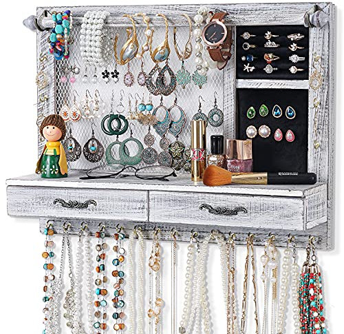 QILICZ Support mural pour bijoux en bois avec barre à bracelet, 21 crochets, tiroir pour boucles d'oreilles, chaînes, bracelets, bagues, accessoires (Blanc ancien)