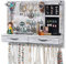 QILICZ Support mural pour bijoux en bois avec barre à bracelet, 21 crochets, tiroir pour boucles d'oreilles, chaînes, bracelets, bagues, accessoires (Blanc ancien)