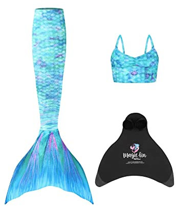 Planet Mermaid Mädchen Kinder 3 Stück Lebendige Farbe Schwimmen Meerjungfrau Schwanz Tankini Top & Verschleißfeste Magic Fin Monoflosse (im Lieferumfang enthalten), Sea Star, 10 - 11 Jahre