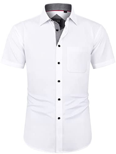 J.VER Herren Hemd Kurzarm Freizeithemd mit Tasche Regular Fit Businesshemd Bügelleichte Oberteile Männer Modern,Weiß Schwarz,XL