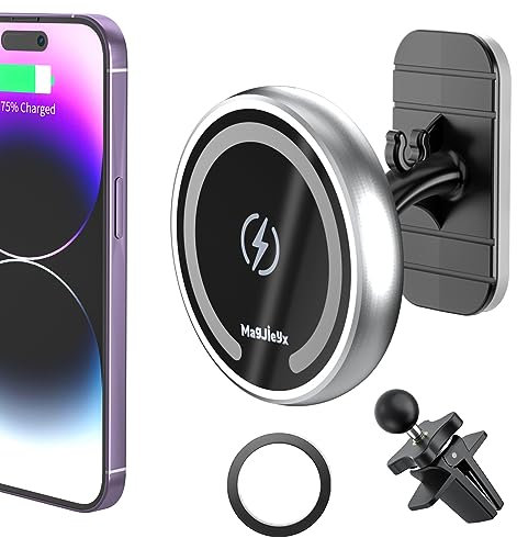 MAGJIEYX für MagSafe Autohalterung Ladegerät,15W Magnet Handyhalterung Auto mit Ladefunktion für iPhone 16/15/14/13/12 Serie, Lüftungsschlitz/Armaturenbrett Kabelloses Kfz Halter, Silber