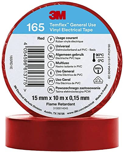 3M Temflex™ 165 165RD1E - Cinta aislante (10 m x 15 mm), color rojo