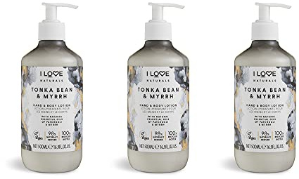I Love Naturals Tonka Bean & Myrrh Hand & Body Lotion Nourishing Moisturiser with Patchouli & Myrrh Essential Oils, Shea Butter & Coconut Oil for Soft, Smooth Skin Vegan-Friendly 3 x 500ml