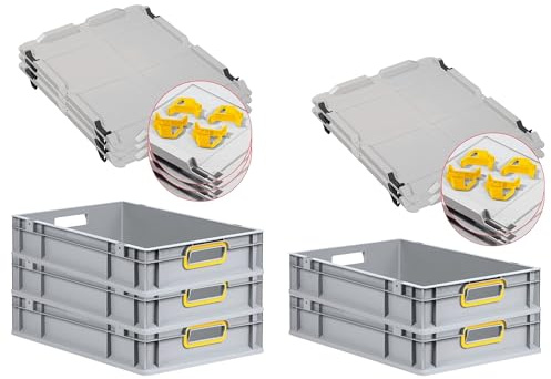 PROREGAL SuperSparSet 5x Eurobox NextGen Color mit Auflagedeckel & Schiebeschnappverschlüsse, HxBxT 12x40x60cm, 23L, Griffe gelb offen, Glatter Boden, Eurobehälter Transportbox Transportbehälter